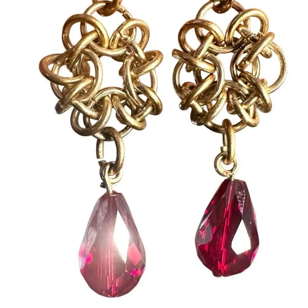 Silver red crystal teardrop earrings silver tone